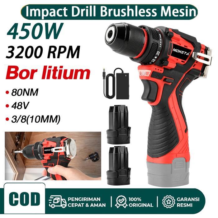 Krisbow - 48V Bor Impact Drill Brushless Mesin Bor Impact Baterai 2-Speeds Built-In Bit Slots&Level