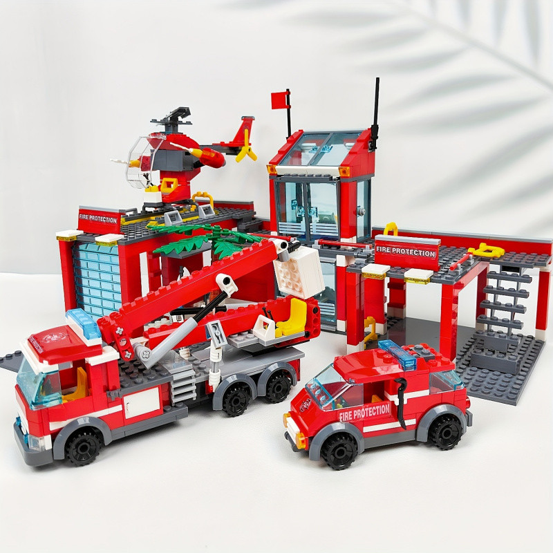 City Fire Station Building Blocks Set with Helicopter & Fire Truck, Educational Construction Toys