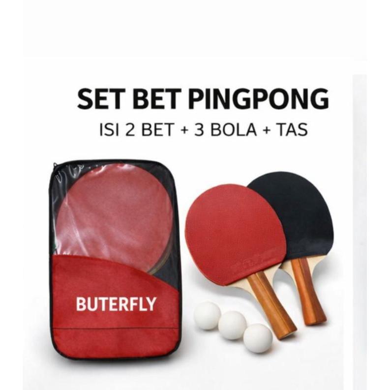 BET BAT BED PINGPONG TENIS MEJA ISI 2 SET 3 BOLA TAS MERAH BUTERFLY TEBAL FULL SET KARET