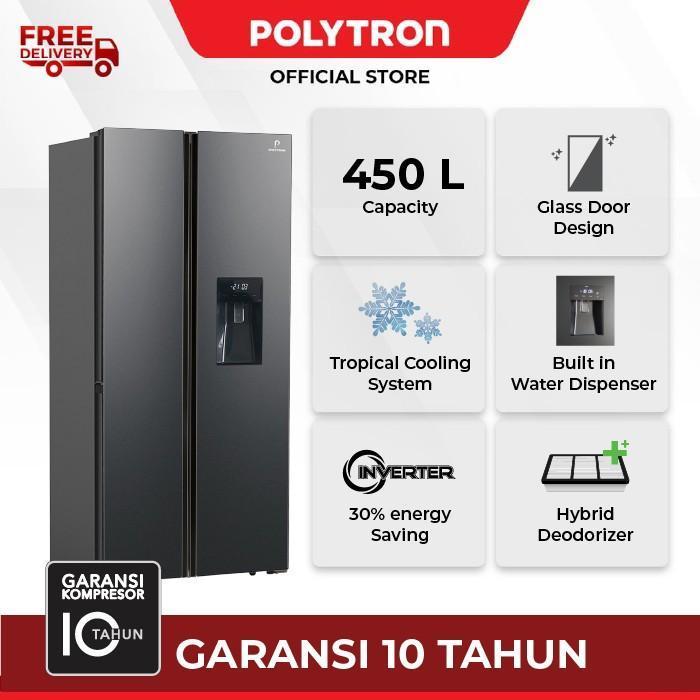 PROMO TERBATAS POLYTRON KULKAS NEW BELLEZA INVERTER 2 PINTU SIDE BY SIDE PRS480X