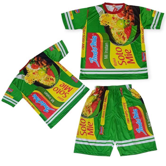 Sale- Setelan Baju Anak Gambar Indomie Soto Motif Mie Instan Hijau Lucu