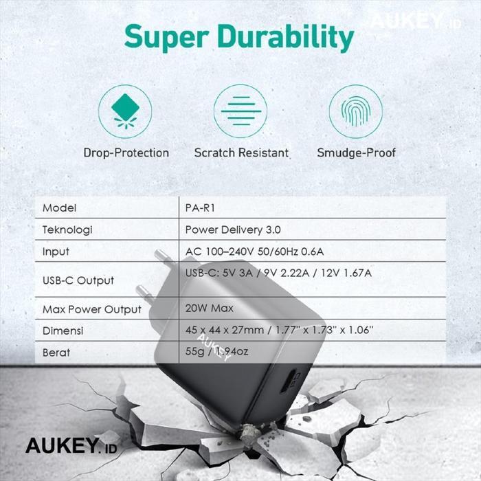 Adapter Aukey Charger Port Usb C 20W Pa-R1-Bk Kepala Charger Aukey Terbaik