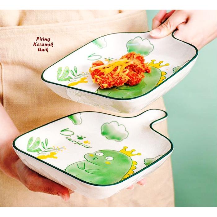 Piring Keramik Unik GREEN DINOSAUR Ada sekat sambal Piring Tangkai