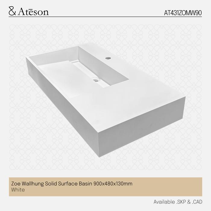 ATESON AT431ZOMW90 Zoe Wallhung Solid Surface Basin 900x480x130mm Putih