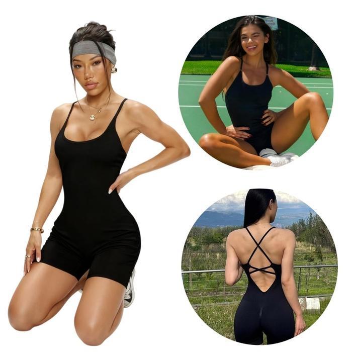 Jumpsuit Setelan Yoga Wanita Seksi Jumper Baju Olahraga Punggung Terbuka