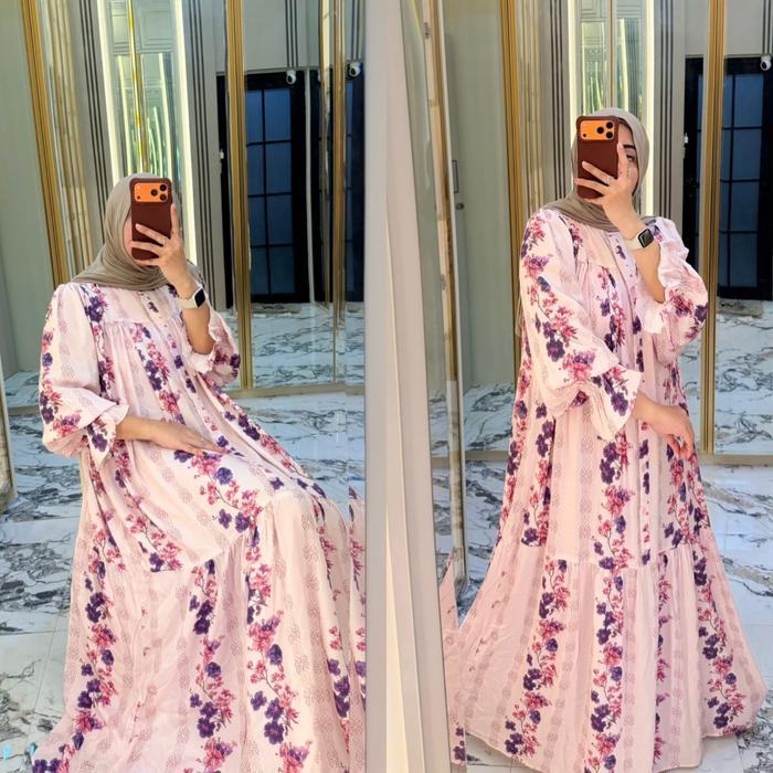 Arumi Dress Terlaris Gamis Jumbo Bahan Rayon Nyaman Gamis Motif Cantik Lengan Balon Maret Kancing