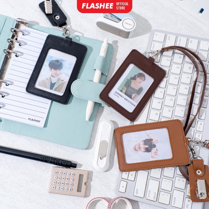Flashee Name Tag Jepit dan Kalung Kulit Sapi Asli Hugo ID Card Holder Mika Plastik Termasuk Tali Dan