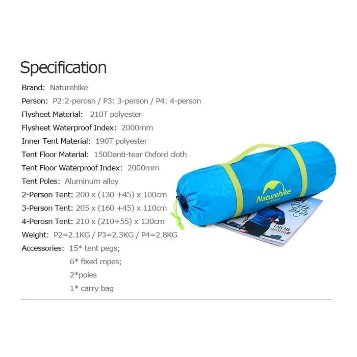 Tenda 4P Light Naturehike Nh18Z044 Professional P-Series Extra Ringan Camping Outdoor 4 Orang Kemah