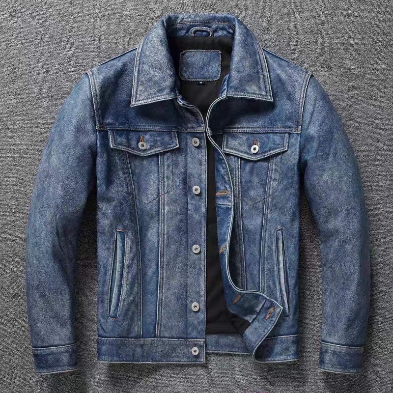 Men's Motorcycle Leather Jacket Light Blue Ami Khaki Retro Graphite Distressed Denim Genuine Leather