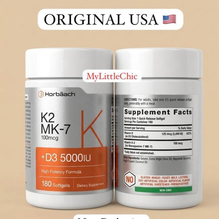 Horbaach Vitamin D3 K2 isi 180 SOFTGEL 5000iu + 100mcg USA