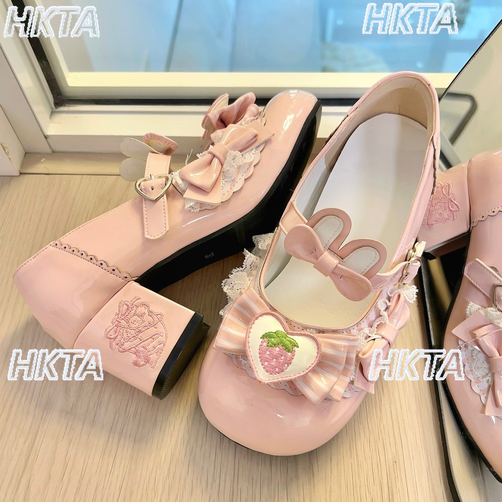 Original Sweet Strawberry Bow Lolita Shoes 2025 Autumn New Kawaii Princess Mary Jane Shoes