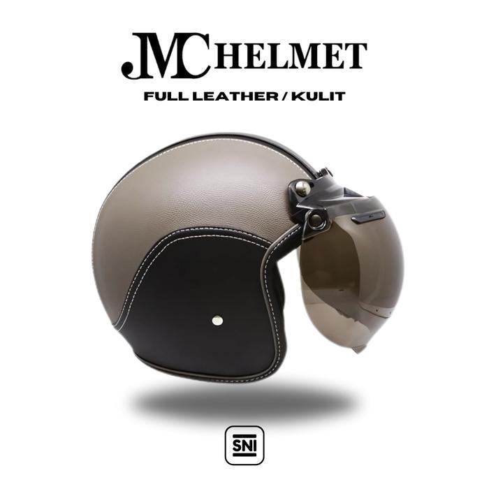 Helm Bogo Retro Dewasa Abu-Abu Full Leather/ Kulit Kaca Polos Biasa SNI Pria/ Wanita