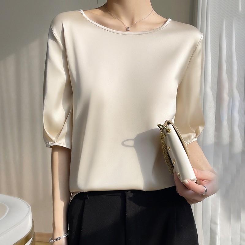 Blus Wanita Satin Musim Panas Lengan Pendek Santai Korea untuk Kantor, Model Longgar dan Sederhana