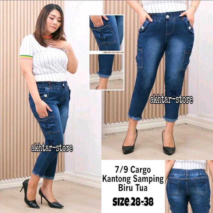 (Akhtar-Jeans) Vania Cargo 7/9 Jeans Pinggang Karet Rawis Bahan Melar Celana Cargo Jumbo Tebal
