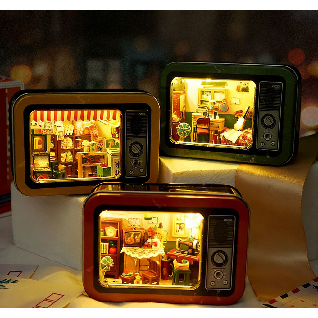 Nostalgic DIY Miniature Tin Box Theatre Kit, LED Lighted Childhood Memory Diorama, Educational
