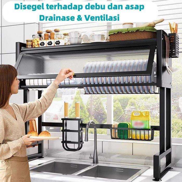 105Cm Rak Dapur Dengan Penutup Rak Piring Mangkuk Stainless Rak Piring Wastafel Multifungsi Rak