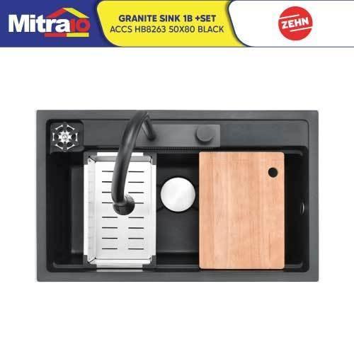 Granite Sink Satu Kolom dan aksesoris Zehn HB8263 50x80 Cm Hitam [INCLUDE PACKING KAYU]