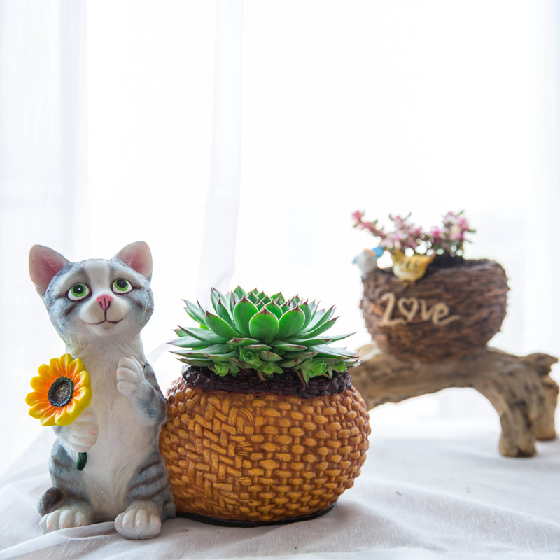Pastoral Cute Kitten Squirrel Bird Flower Pot Ornaments Art Garden Balcony Figurines Decoration Outdoor Garden Resin Vase Crafts