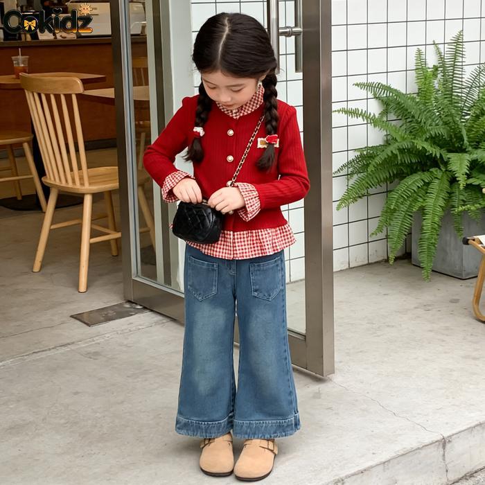 Cokidz Cardigan Anak Perempuan 3-12 Tahun Sweater Merah Lengan Panjang Knit Top Kids Atasan + Celana