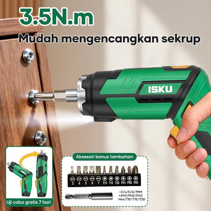isku obeng listrik cordless screwdriver bor obeng baterai cas elektrik 3.6v type c tembaga murni