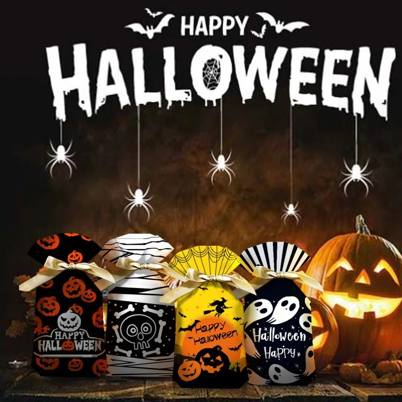 Halloween Ribbon Drawstring Gift Plastic Bags Nougat Baking Cookie Snowflake Crisp Bread Bags Food S