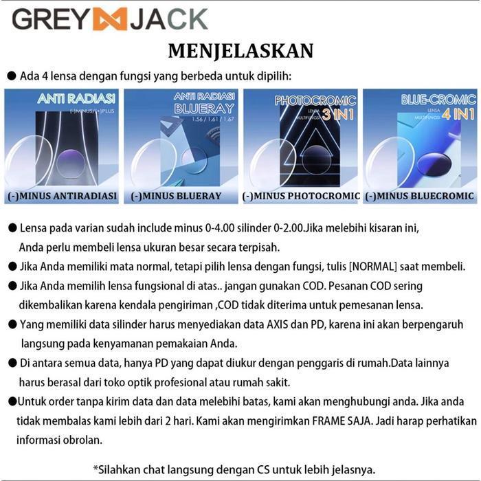 BIG SALE Grey Jack Frame Kacamata Model Kotak TR+Metal Unisex Bisa Minus 8298