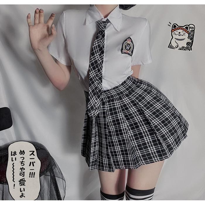 Baju Seragam Wanita Cosplay Seragam kostum Sekolah Kotak-Kotak Set A232 Lingerie Ukuran L XL Spandex