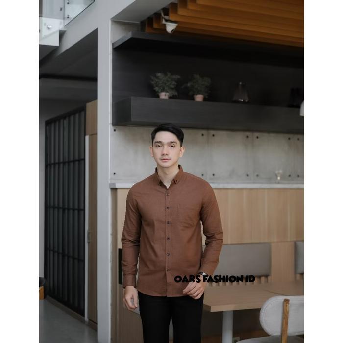 Kemeja Polos Warna Denim Bahan Katun Lengan Panjang Pendek Pria Casual Slimfit Jumbo Hem Cowok Baju
