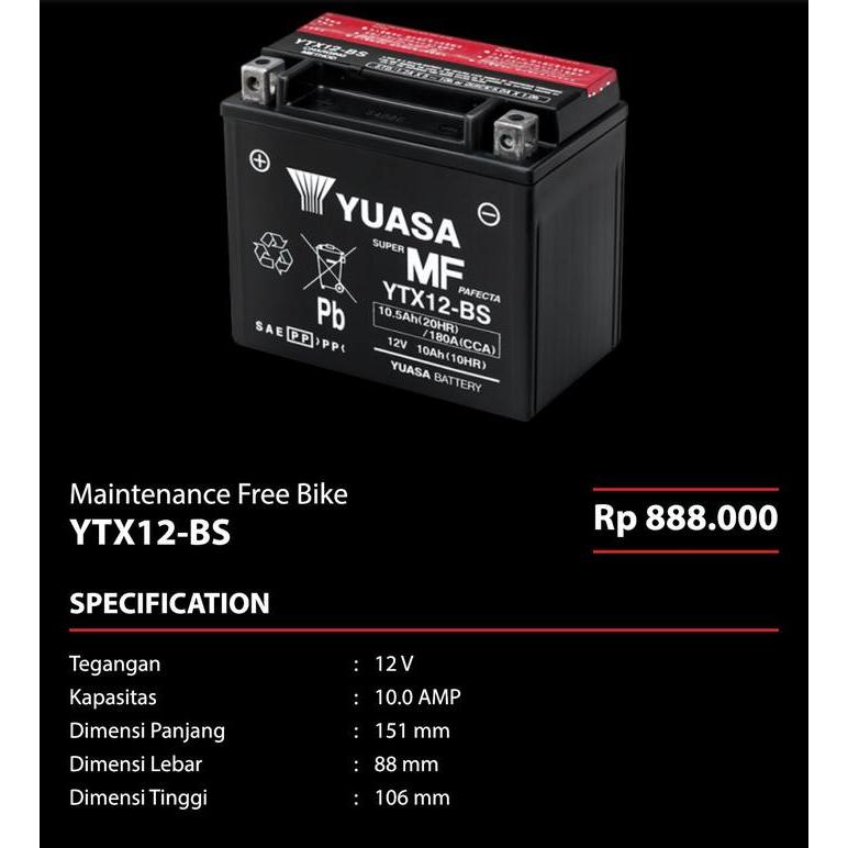 Ready Aki Motor Yuasa YTX12BS 12V 10Ah Cargo