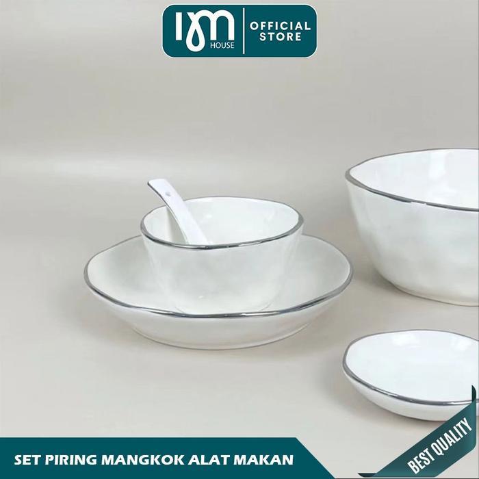 INMINDHOUSE - Makan Keramik Putih Gold / Piring Putih Keramik List Gold / Mangkuk Keramik Putih Gold