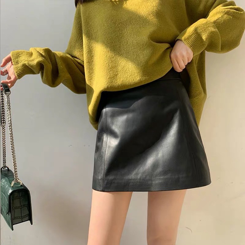 Rok Kulit Domba Wanita 2024 Model Terbaru Pinggang Tinggi Musim Semi Musim Gugur Mini Rok Slim Celan