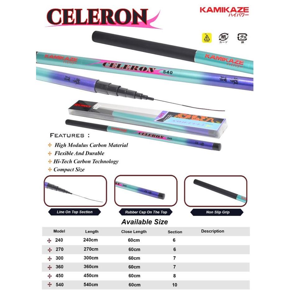 Kamikaze Joran Pancing Tegek Celeron 240Cm - 720Cm Bahan Carbon Ruas Pendek Mudah Untuk Dibawa