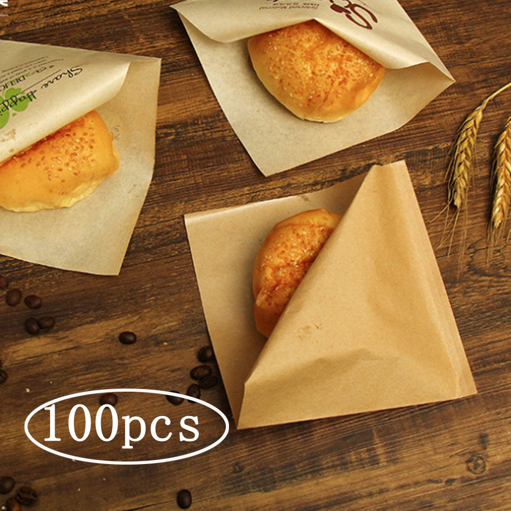 100pcs Kraft Bakery Bags Kraft Paper Sandwich Paper Wrap Disposable Food Packing Paper Triangle
