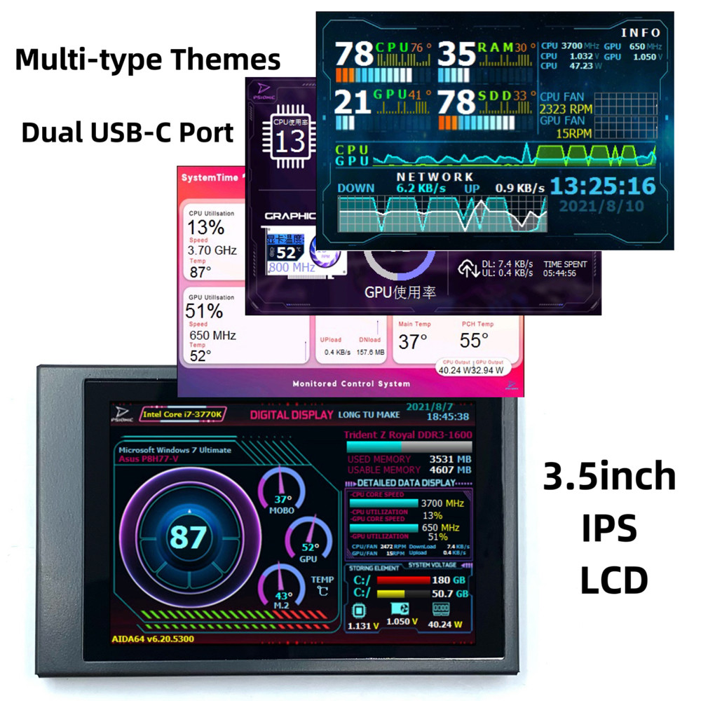 3.5 Inch IPS Display Secondary Screen Horizontal Vertical 360° Rotation Dual Type-C Ports Computer C
