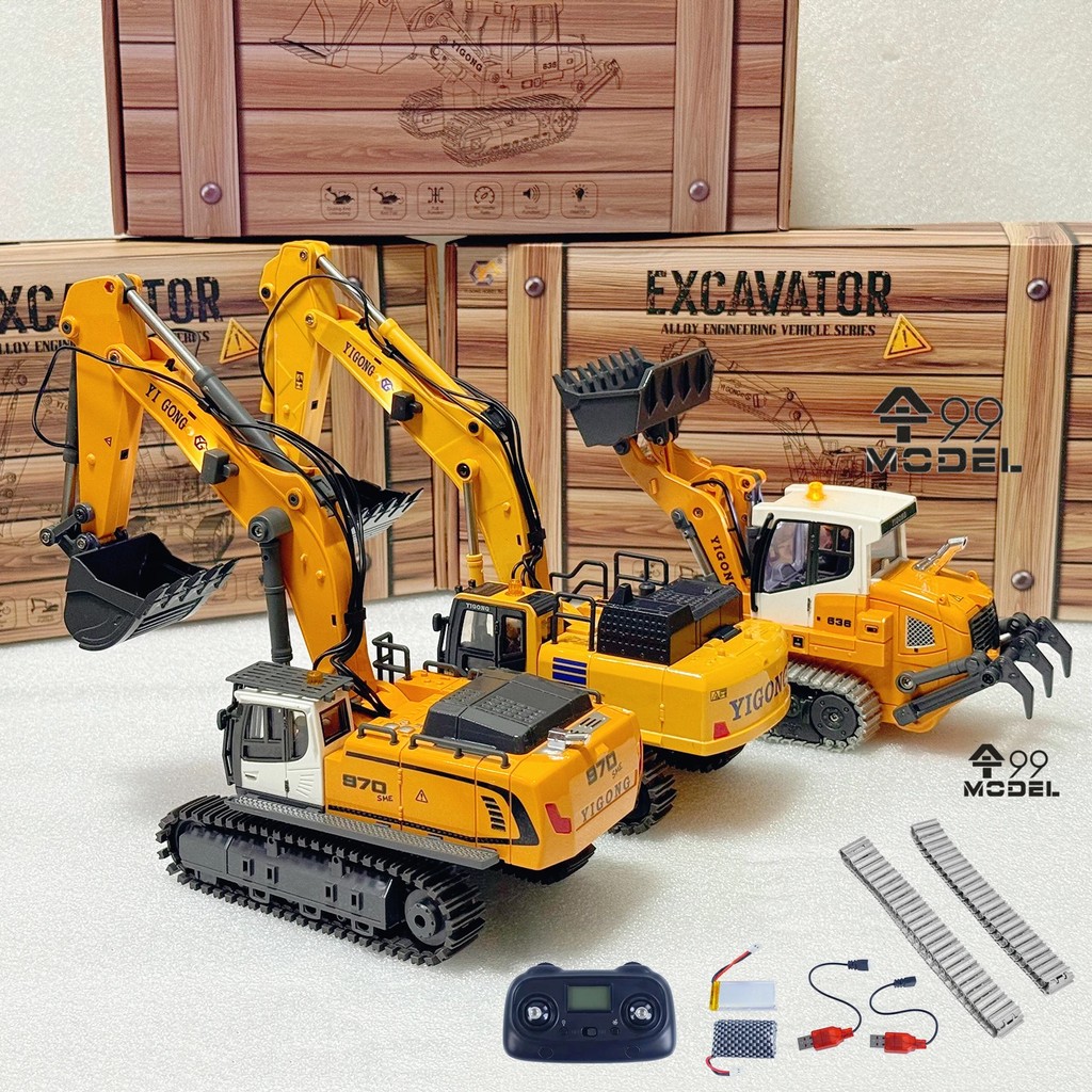 Mini RC Excavator Loader 1/50 970 520 Excavator 636 Loader Electric Simulation Model Metal Track