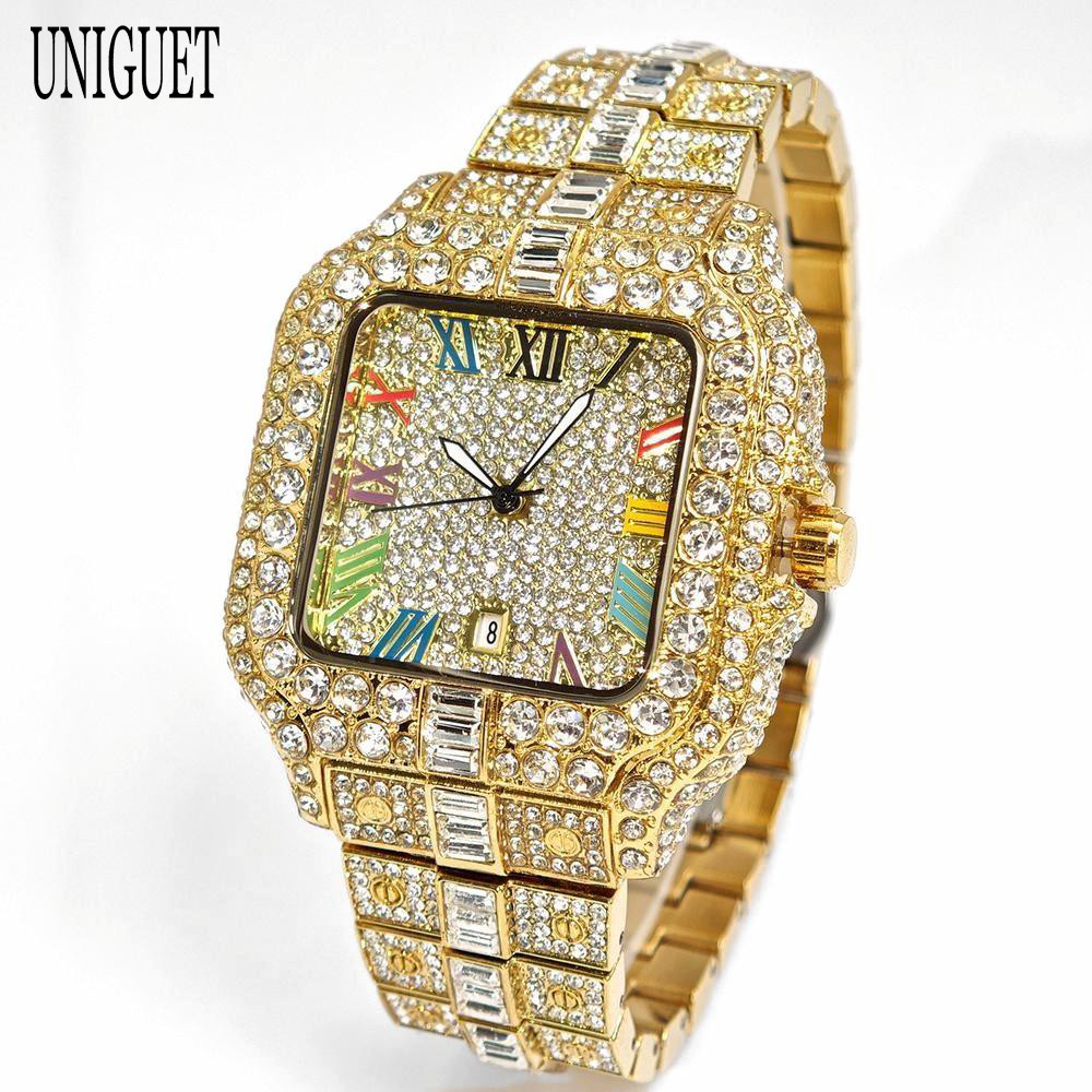 Jam Tangan Pria UNIGUET Mewah dengan Pelangi Dial, Kalender, Emas Iced Out, Aksesori Fashion Pria 20