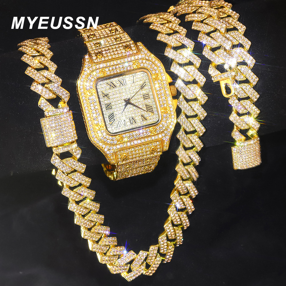 Jam Tangan Pria Cuban Chain Gold Warna Emas Iced Out Rhinestone Bling Rapper Jam Tangan Gelang Pria 