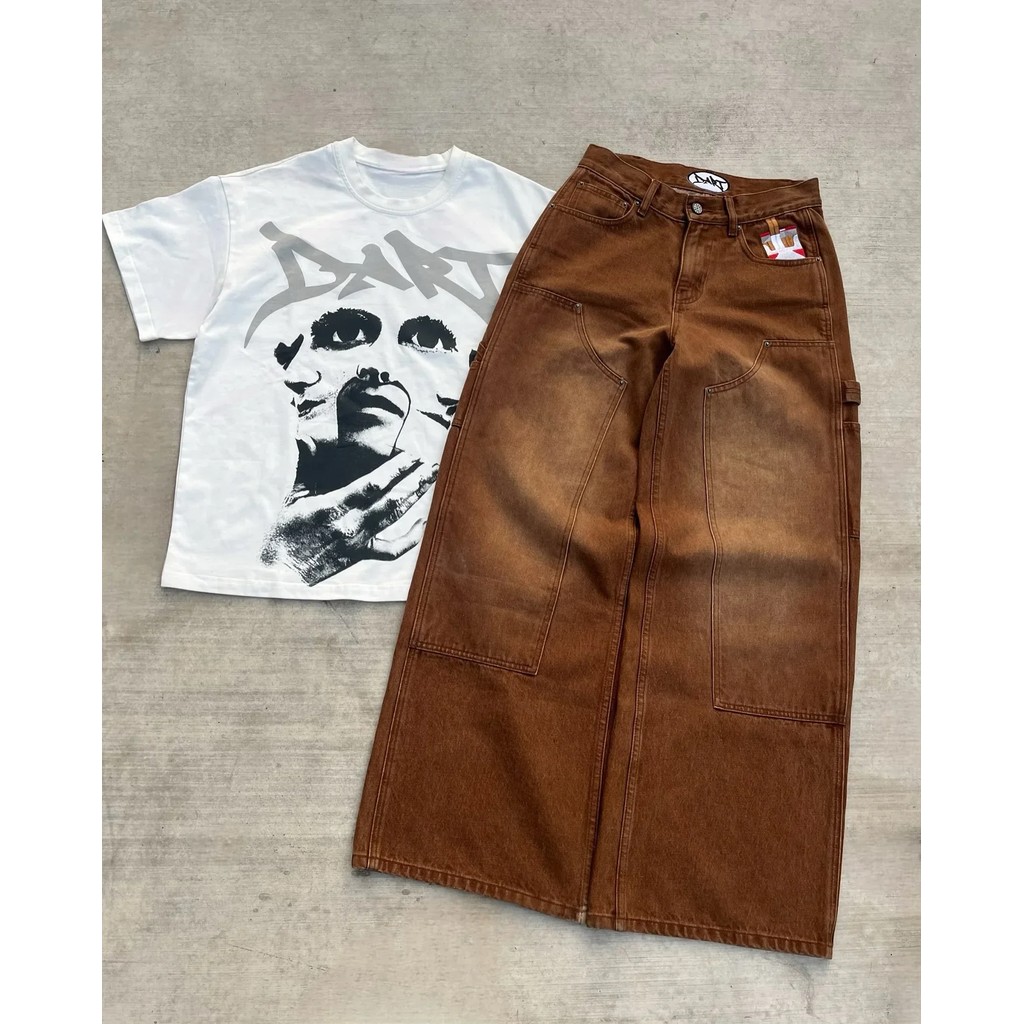 Streetwear Y2k Gothic New Jeans Men American Retro Punk Embroidery Pattern Brown Loose Jeans