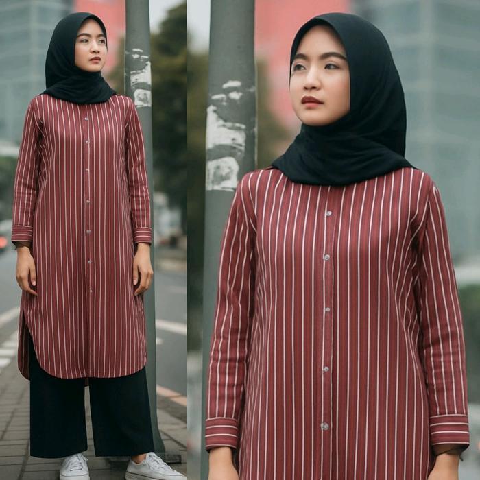 Poply Long Tunik Strip Atasan Tunik Panjang Muslim Remaja Wanita Katun Motif Salur Diskon Sale