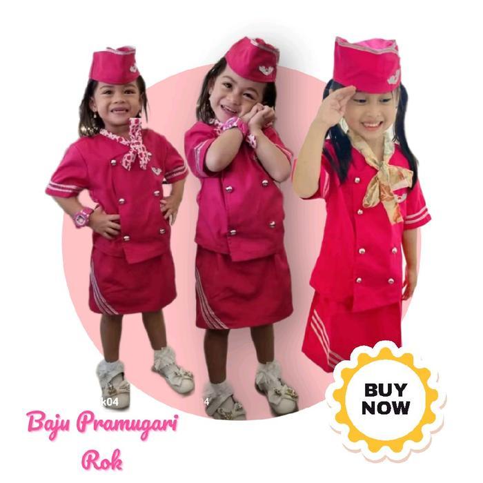 TERBARU Baju pramugari anak lengan pendek bawahan rok warna pink fanta - Kostum pramugari anak rok