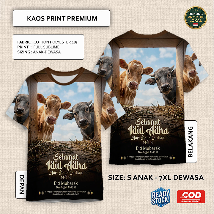 Kaos Idul Adha Hewan Qurban Sapi Kambing Domba Model 2 Full Printing Keren | Baju 3D Anak dan Dewasa