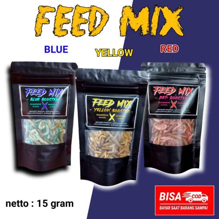 TERLARIS udang X maggot kering feed mix 15 grm Red BLUE YELLOW makan ikan predator pakan ikan channa