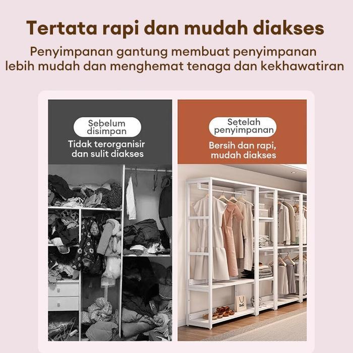 FUFU Lemari Gantungan Baju Multifungsi Rak Penyimpanan Pakaian Kayu dan Besi - Hemat Ruang, Praktis