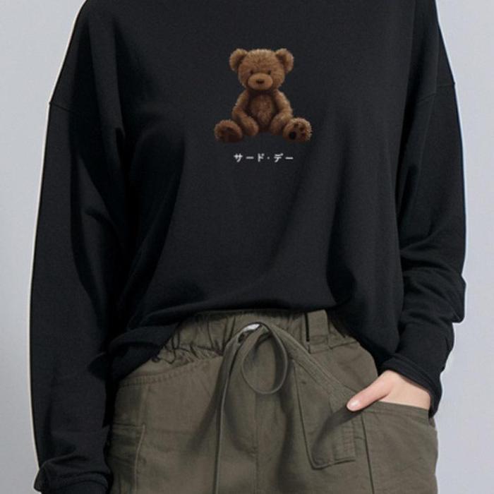 Ltf40 Kaos Lengan Panjang Wanita Lv "Teddy Bear Katakana" Hitam