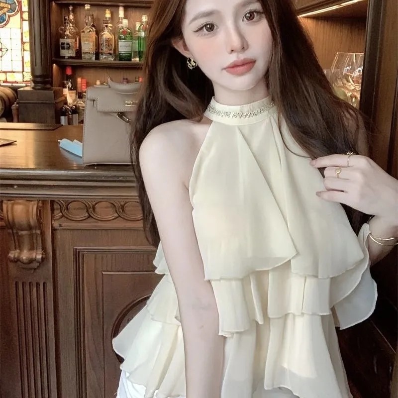 Blus Wanita Kerah Gantung Kue dengan Renda Tidak Beraturan dan Bahan Voile, Atasan Elegan Chiffon un