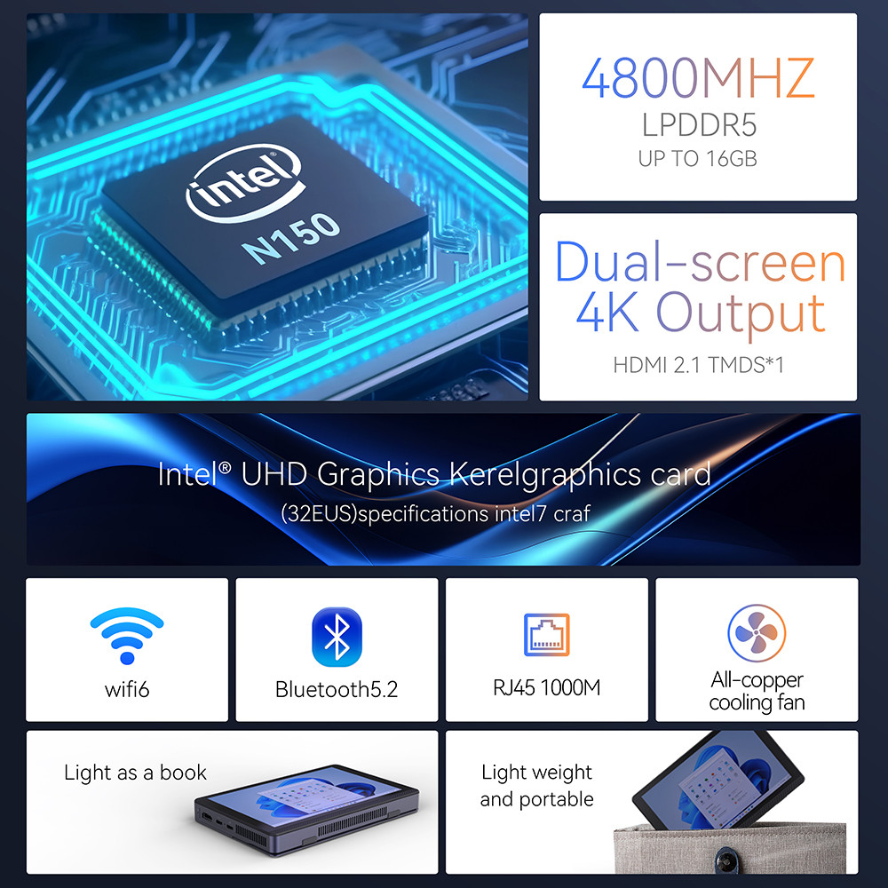 MOREFINE M11 Intel N150 7 Inch Mini PC Windows11 WiFi6 BT5.2 16GB/512G Touch Screen 4K Tablet PC