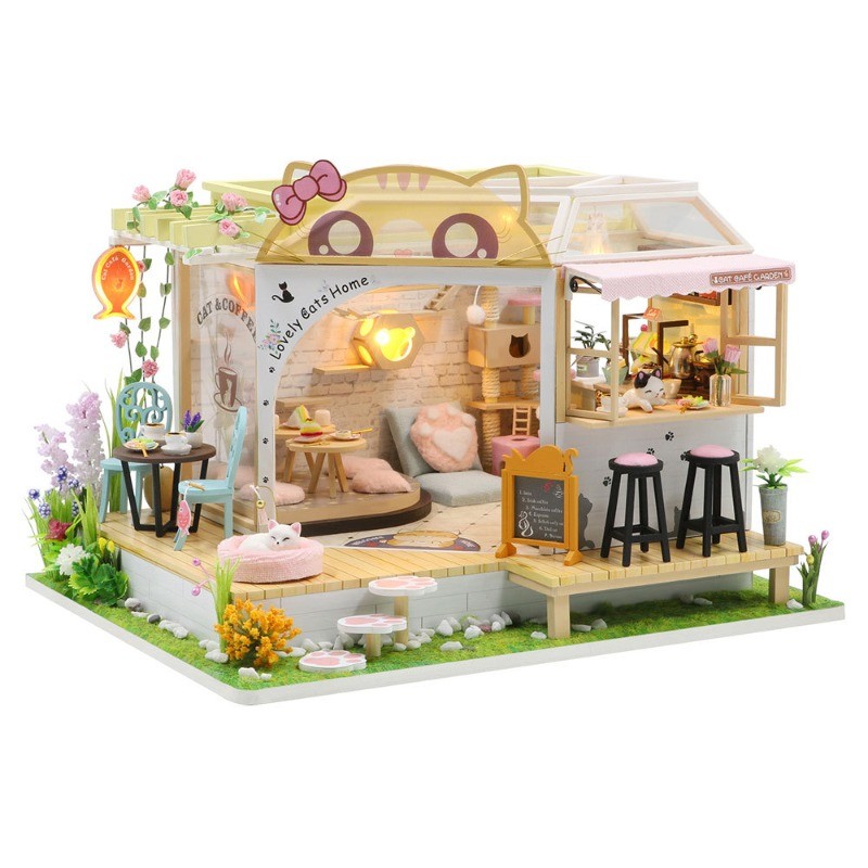 Wooden DIY Cat Cafe Garden Dollhouse Building Set, Miniature Backyard Scene Model Kit Craft Gift for