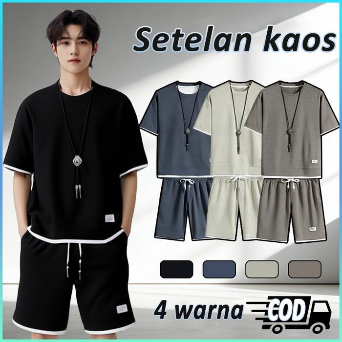 baju setelan pria outfit set korean style baju oversize pria kaos waffle pria baju cowok keren