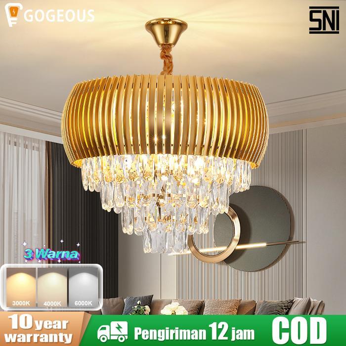 GOGEOUS Lampu Gantung Kristal Tamu Mewah Emas LED 50CM Ruang Tamu 3 Warna Lampu Gantung Kristal Hias