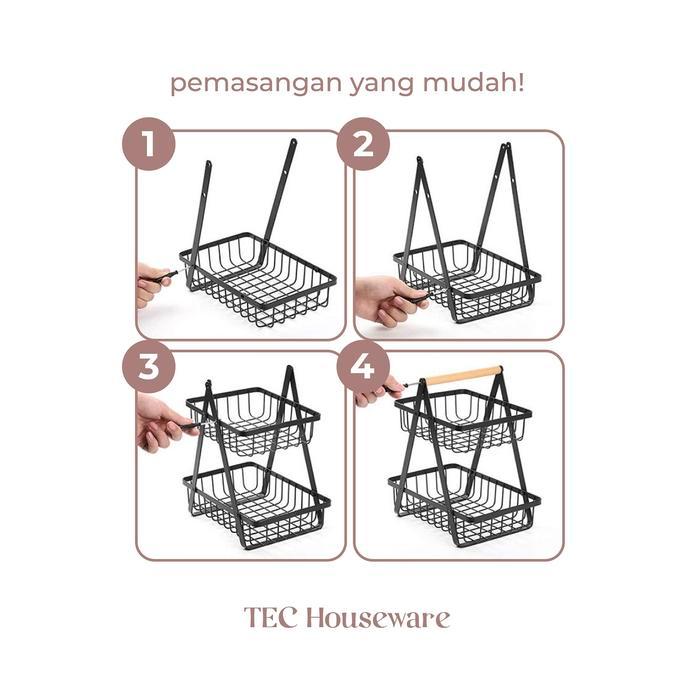TECKURO Keranjang Rak Dapur Rak Buah Besi Rak Dapur Besi Kayu Serbaguna Dapur Rak 2 Tingkat Dapur